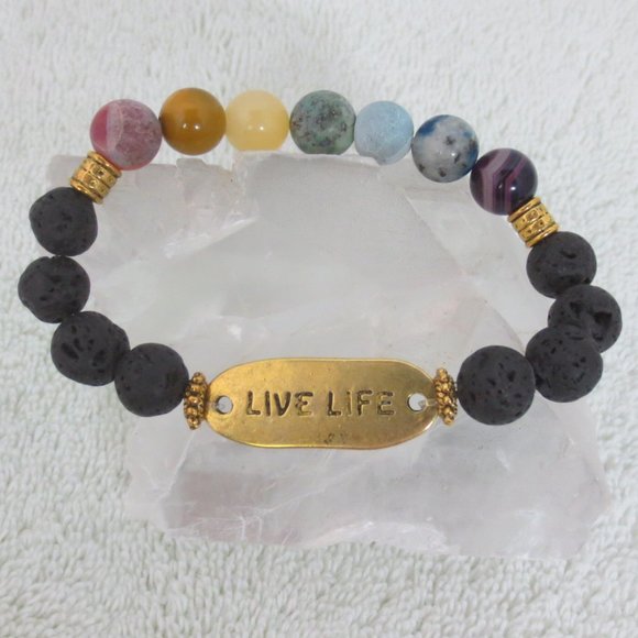 Hand Crafted Jewelry - Hand Crafted Bracelet Chakra Gemstones Lava Rock Live Life Charm Stretch Unisex